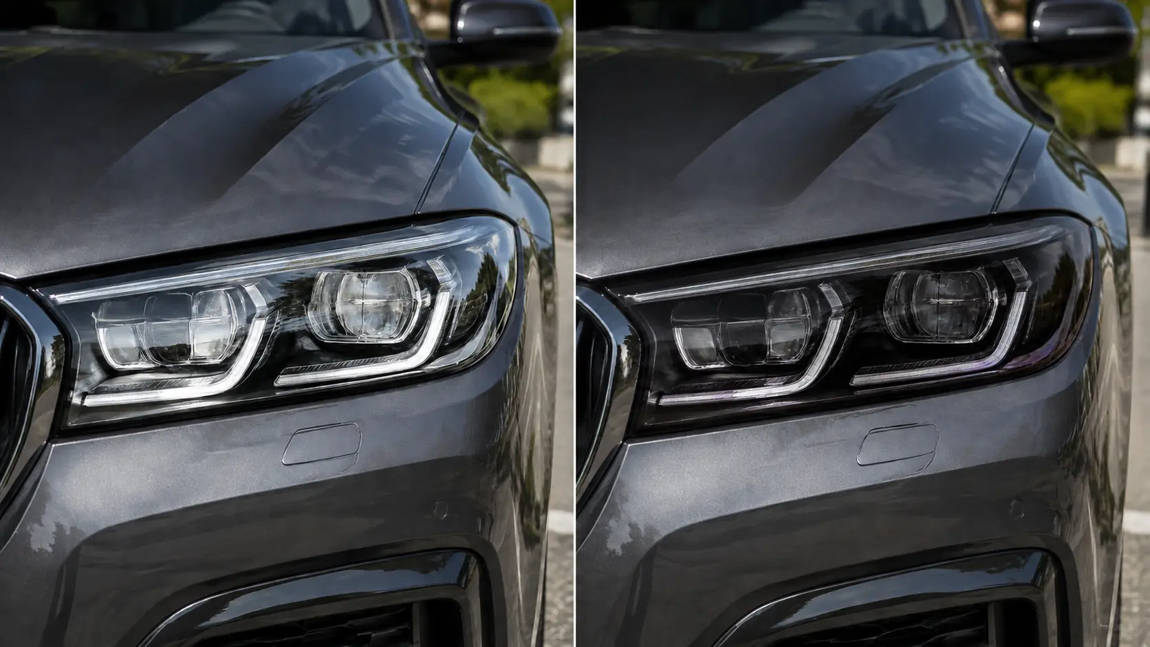 Comparativo do mesmo farol sem película e com PPF fotocromático fumê ativado